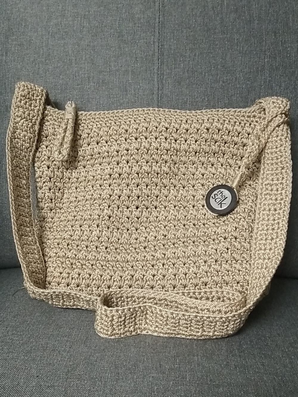 The Sak Hand-Crocheted Beige Shoulder Bag with Button Accent
